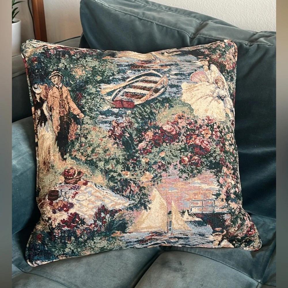Vintage Tapestry Accent Throw Pillow Victorian Sail Boats Nautical - Picture 6 of 10